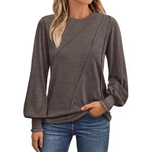 AUTOMET Womens Long Sleeve Tops Pleated Crew Neck Business Casual Blouses Fashion Clothes 2025 Trendy Outfits(Coffee Gray)
