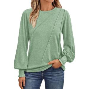 AUTOMET Womens Long Sleeve Tops Pleated Crew Neck Business Casual Blouses Fashion Clothes 2025 Trendy Outfits(Light Green)
