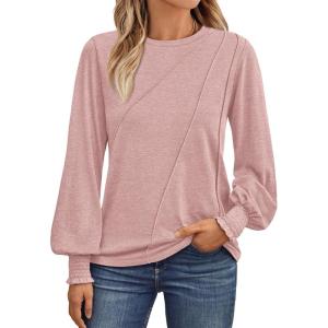 AUTOMET Womens Long Sleeve Tops Pleated Crew Neck Business Casual Blouses Fashion Clothes 2025 Trendy Outfits(Pink)