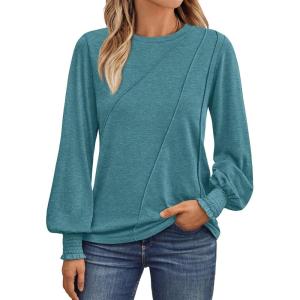AUTOMET Womens Long Sleeve Tops Pleated Crew Neck Business Casual Blouses Fashion Clothes 2025 Trendy Outfits(Turquoise)