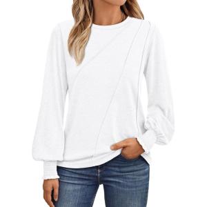 AUTOMET Womens Long Sleeve Tops Pleated Crew Neck Business Casual Blouses Fashion Clothes 2025 Trendy Outfits(White)