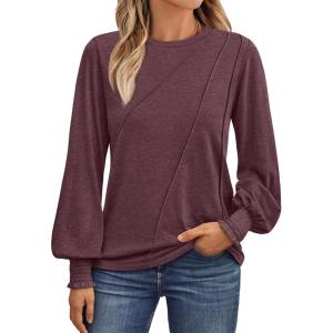 AUTOMET Womens Long Sleeve Tops Pleated Crew Neck Business Casual Blouses Fashion Clothes 2025 Trendy Outfits(Wine Red)