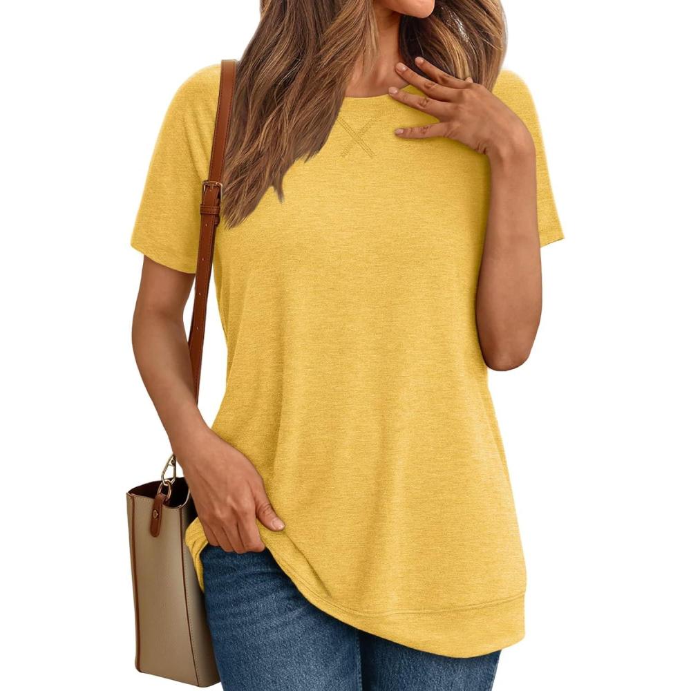imageAUTOMET T Shirts Short Sleeve Crewneck Tees for Women Trendy Lightweight Soft Casual Summer Tops Clothes 2025Yellow
