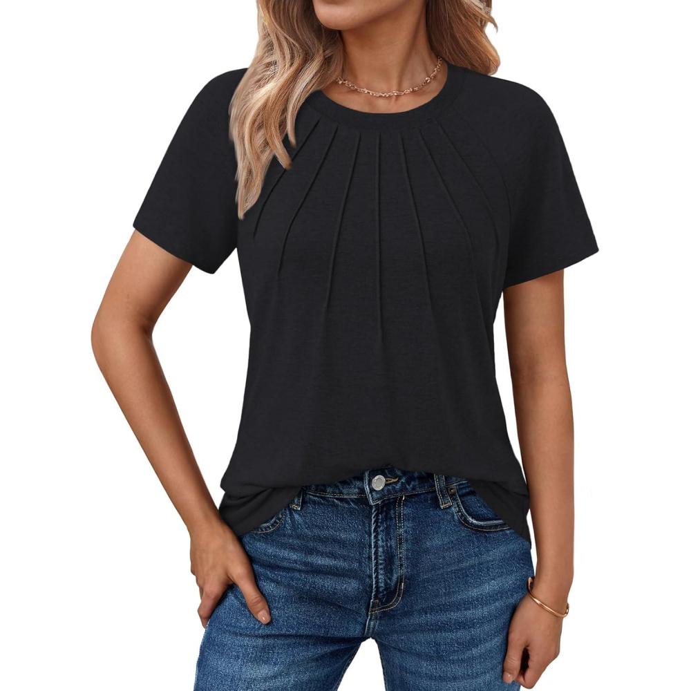 imageAUTOMET Womens Short Sleeve Shirts Business Casual Tops Summer Trendy Tshirts Dressy Tee Fashion Blouses Outfits 2025Black