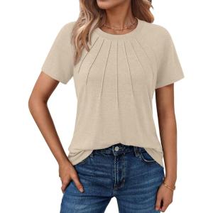 AUTOMET Womens Short Sleeve Shirts Business Casual Tops Summer Trendy Tshirts Dressy Tee Fashion Blouses Outfits 2025(Apricot)