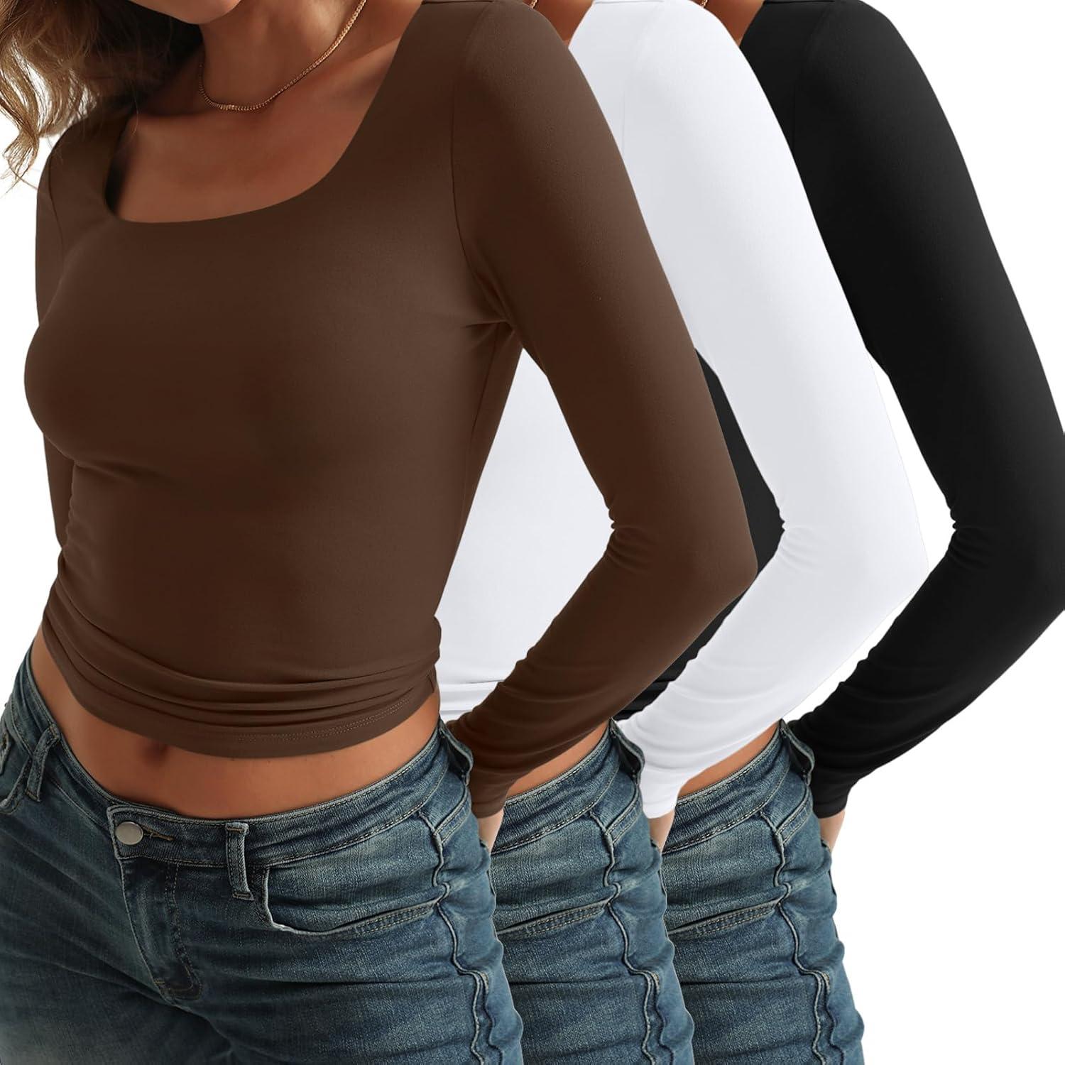 imageAUTOMET 3 Pack Womens Long Sleeve Shirts Fall Fashion Scoop Neck Crop Tops Basic Layer Slim Fit Y2K ClothesBlack white chocolate Brown