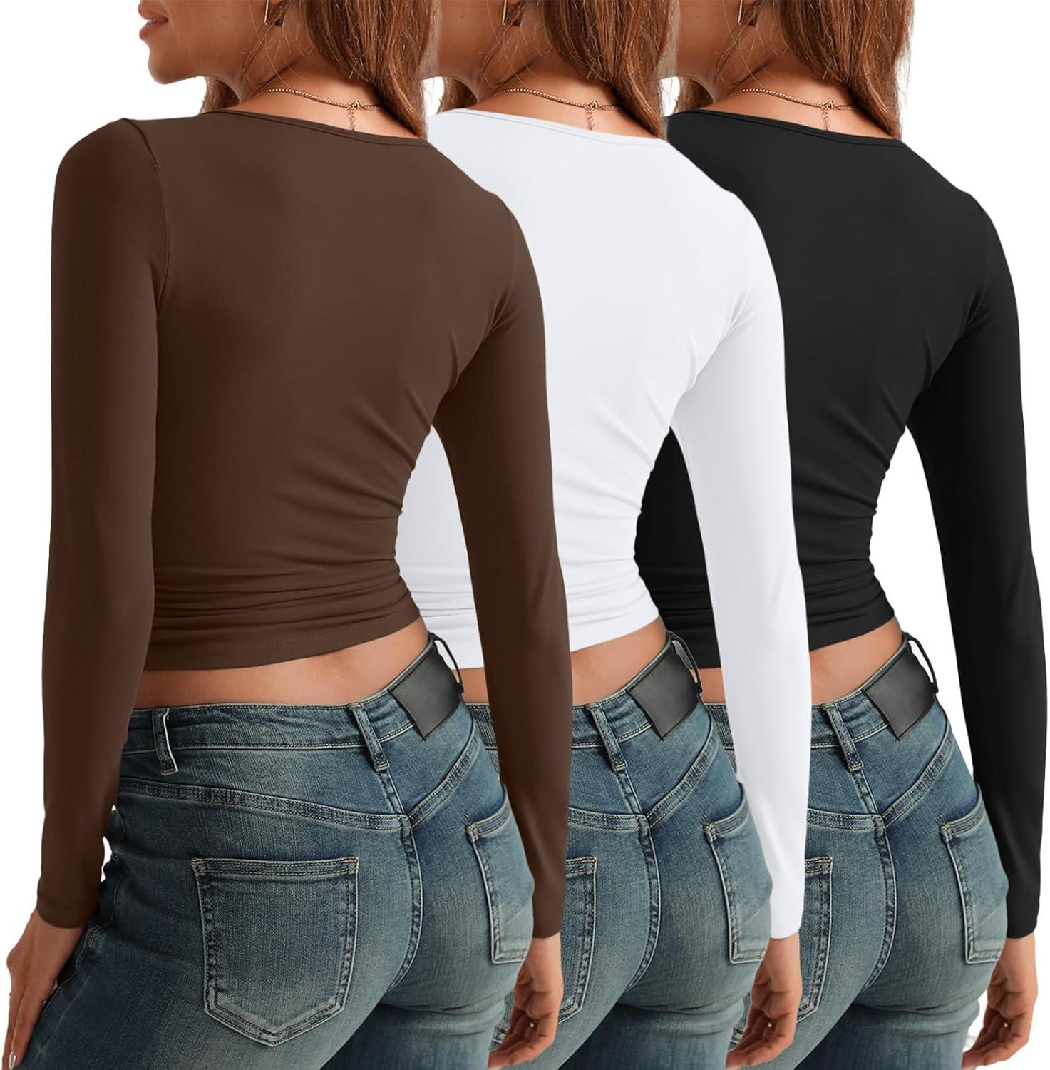 imageAUTOMET 3 Pack Womens Long Sleeve Shirts Fall Fashion Scoop Neck Crop Tops Basic Layer Slim Fit Y2K ClothesBlack white chocolate Brown