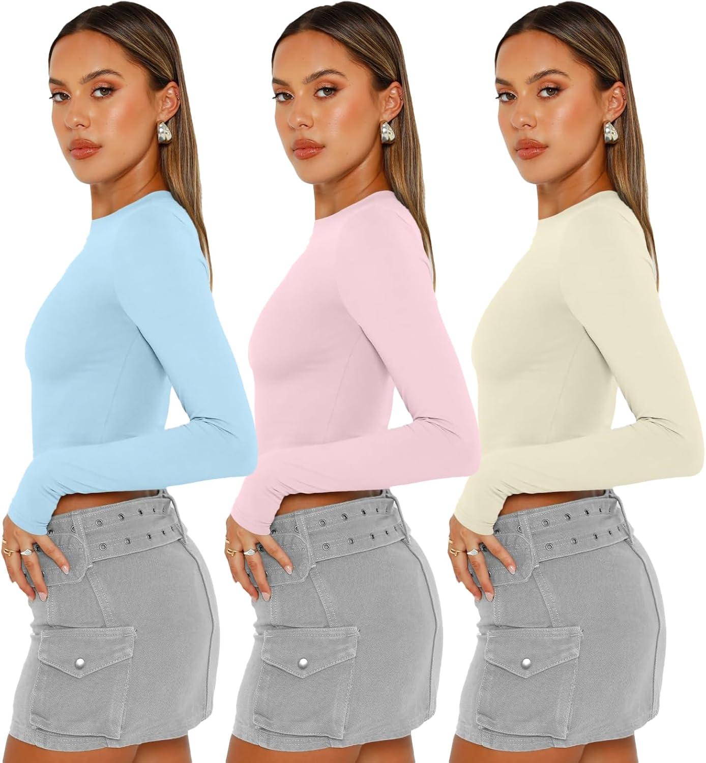 imageAUTOMET 3 Pack Womens Long Sleeve Shirts Y2K Going Out Crop Tops Cute Basic Slim Fitted Fall Fashion Outfits 2025 ClothesBabybluepinkapricot