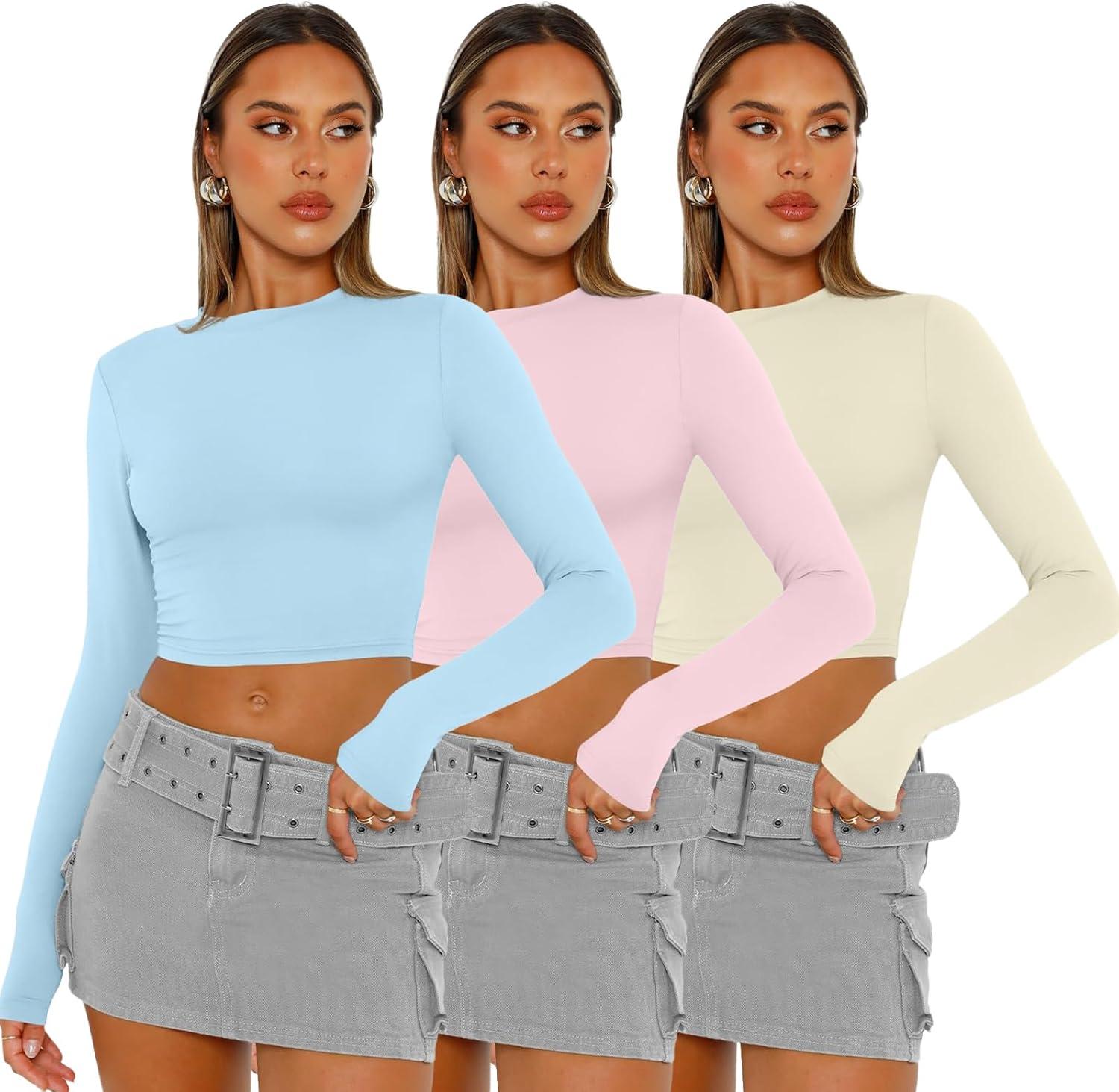 imageAUTOMET 3 Pack Womens Long Sleeve Shirts Y2K Going Out Crop Tops Cute Basic Slim Fitted Fall Fashion Outfits 2025 ClothesBabybluepinkapricot
