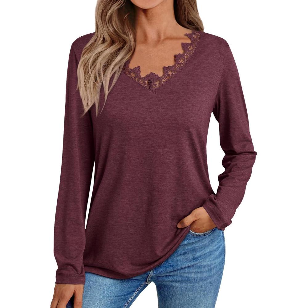 imageAUTOMET Long Sleeve Shirts for Women 2025 Fall Fashion Lace V Neck Loose Fit Casual Tops Trendy T Shirts Outfits Clothes