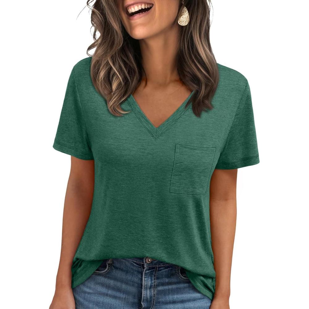 imageAUTOMET T Shirts for Women Short Sleeve Shirts V Neck Plus Size Summer Tops Casual Beach Vacation Outfits Clothes 2025Darkgreen