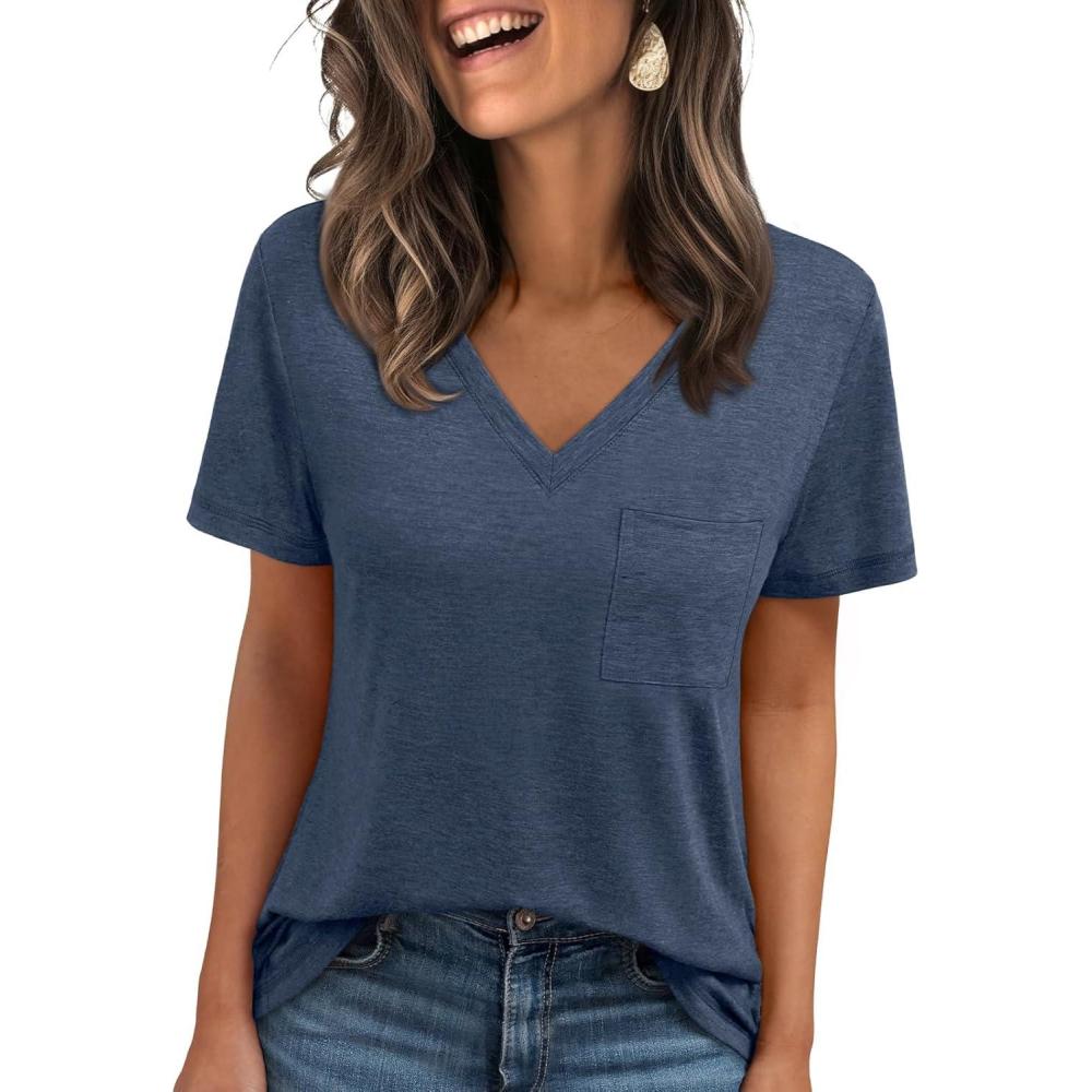 imageAUTOMET T Shirts for Women Short Sleeve Shirts V Neck Plus Size Summer Tops Casual Beach Vacation Outfits Clothes 2025Navy