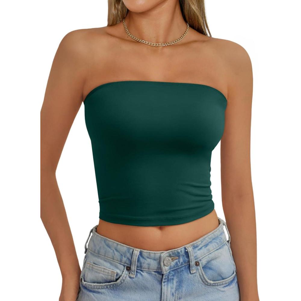 imageAUTOMET Tube Tops Strapless Crop Tops Basic Backless Sleeveless Bandeau Going Out Cute 2025 Summer ClothesDarkgreen