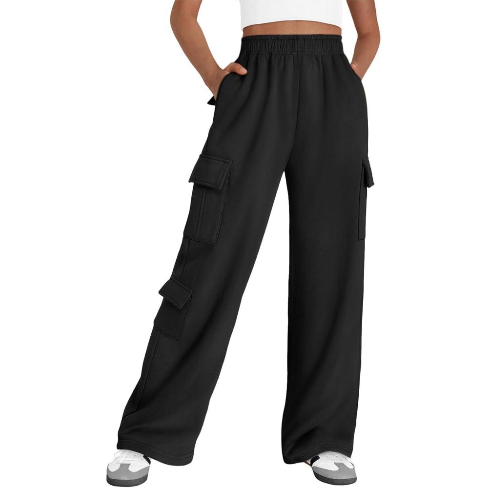 imageAUTOMET Womens Cargo Sweatpants Wide Leg Fleece Lined Y2k Pants Fall Winter Baggy Joggers with PocketsBlack