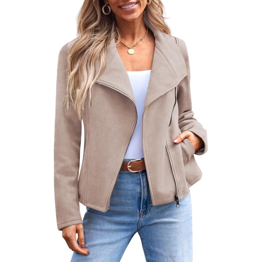 imageAUTOMET Womens Faux Leather Jackets Suede Fall Fashion 2025 Outfits Winter Clothes Open Front Cropped Coat OutwearApricot