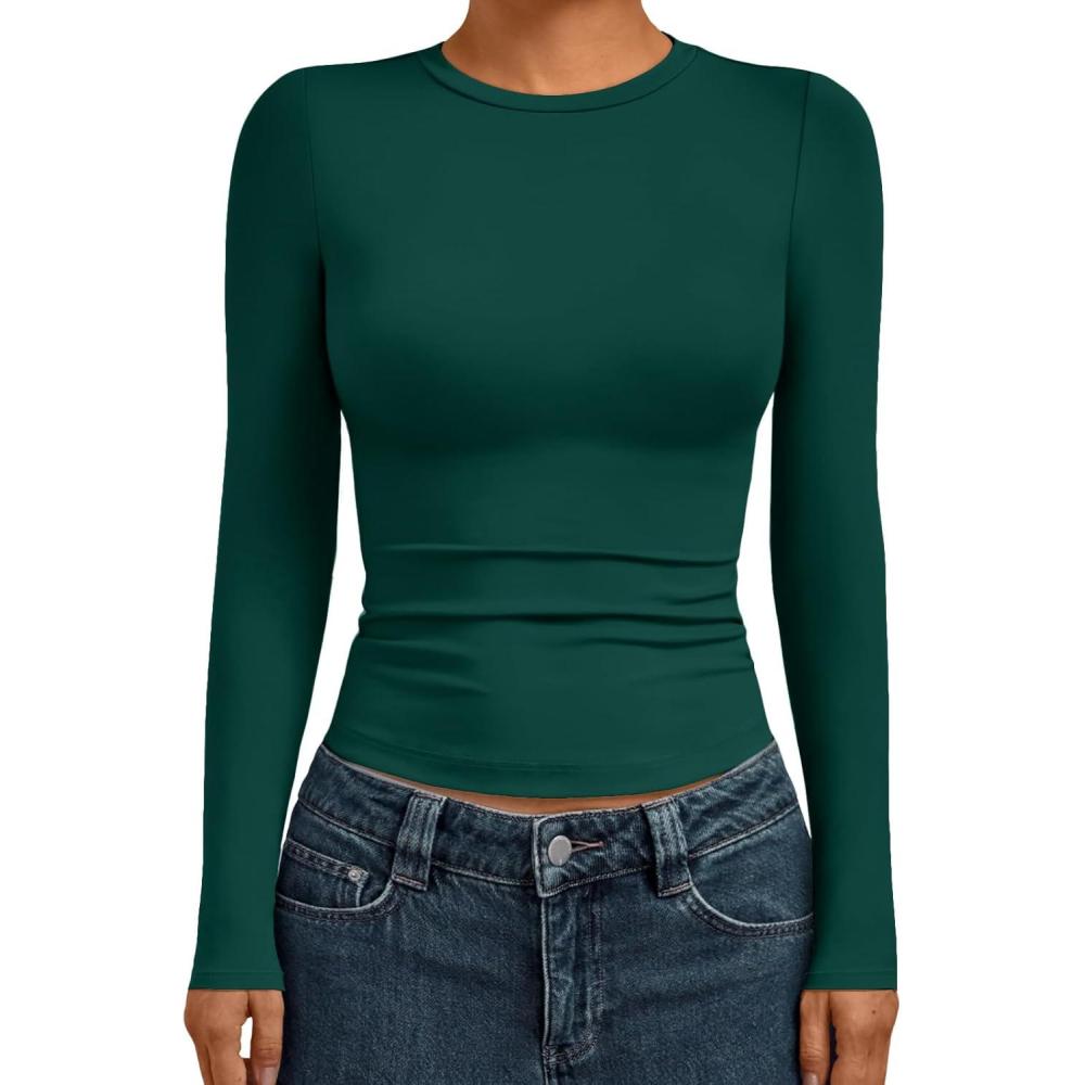 imageAUTOMET Womens Long Sleeve Shirts Basic Compression Going Out Crop Tops Fall Fashion Y2K Clothes 2025Dark Green