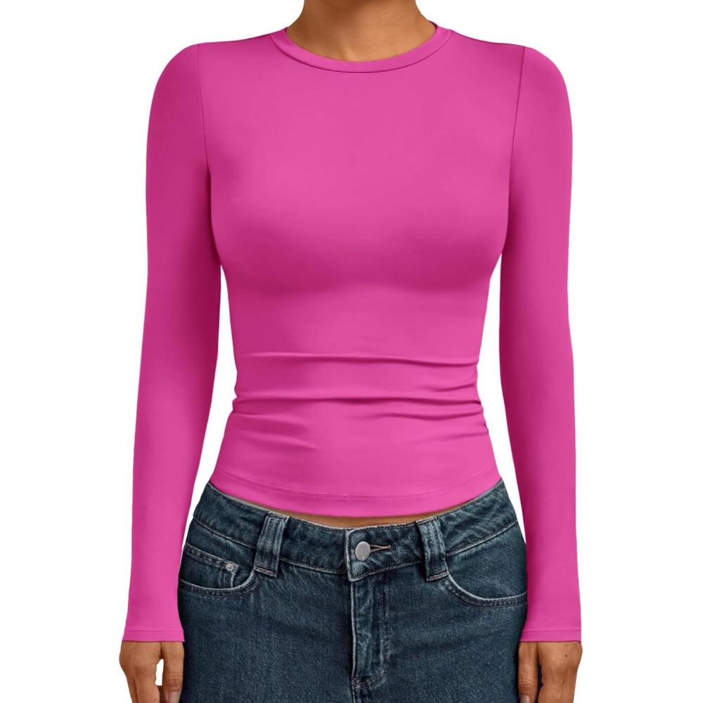 imageAUTOMET Womens Long Sleeve Shirts Basic Compression Going Out Crop Tops Fall Fashion Y2K Clothes 2025Hot Pink