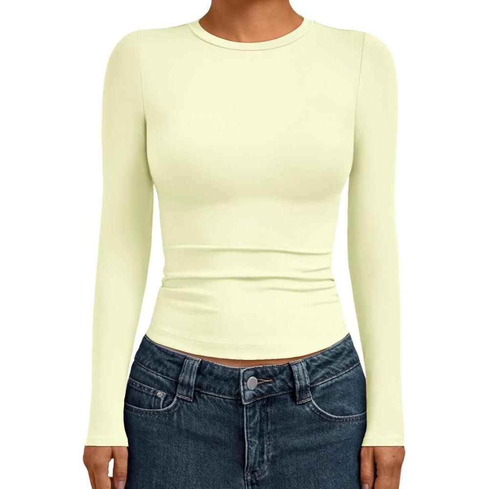 imageAUTOMET Womens Long Sleeve Shirts Basic Compression Going Out Crop Tops Fall Fashion Y2K Clothes 2025Lemon Yellow