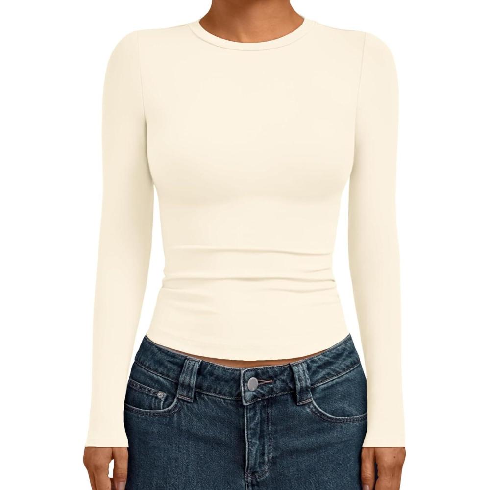 imageAUTOMET Womens Long Sleeve Shirts Basic Compression Going Out Crop Tops Fall Fashion Y2K Clothes 2025Light Apricot