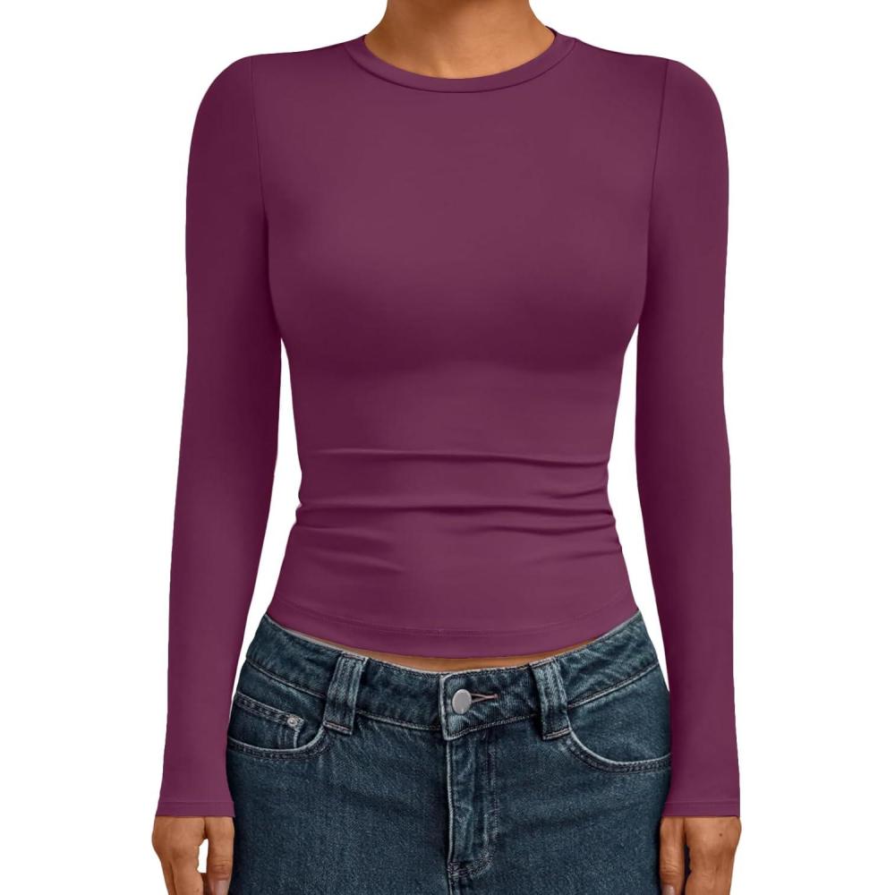 imageAUTOMET Womens Long Sleeve Shirts Basic Compression Going Out Crop Tops Fall Fashion Y2K Clothes 2025Mulberry