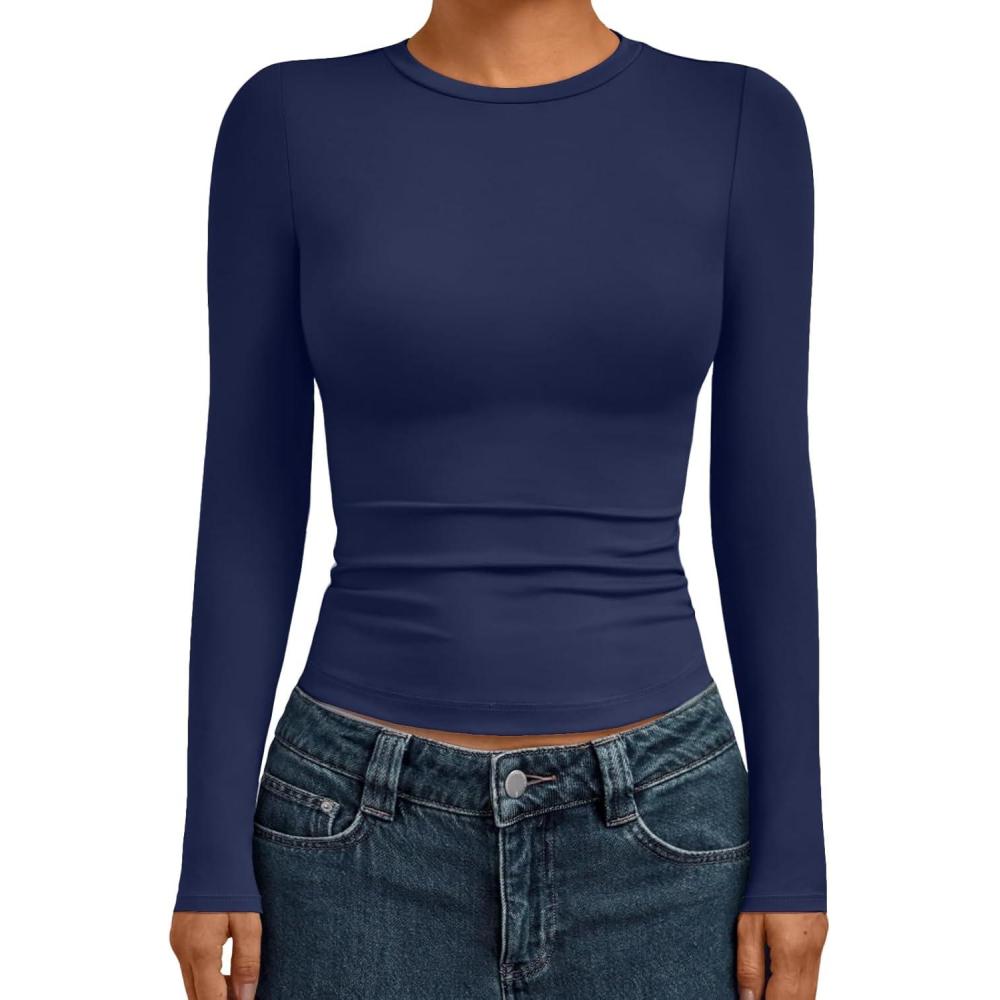 imageAUTOMET Womens Long Sleeve Shirts Basic Compression Going Out Crop Tops Fall Fashion Y2K Clothes 2025Navy Blue