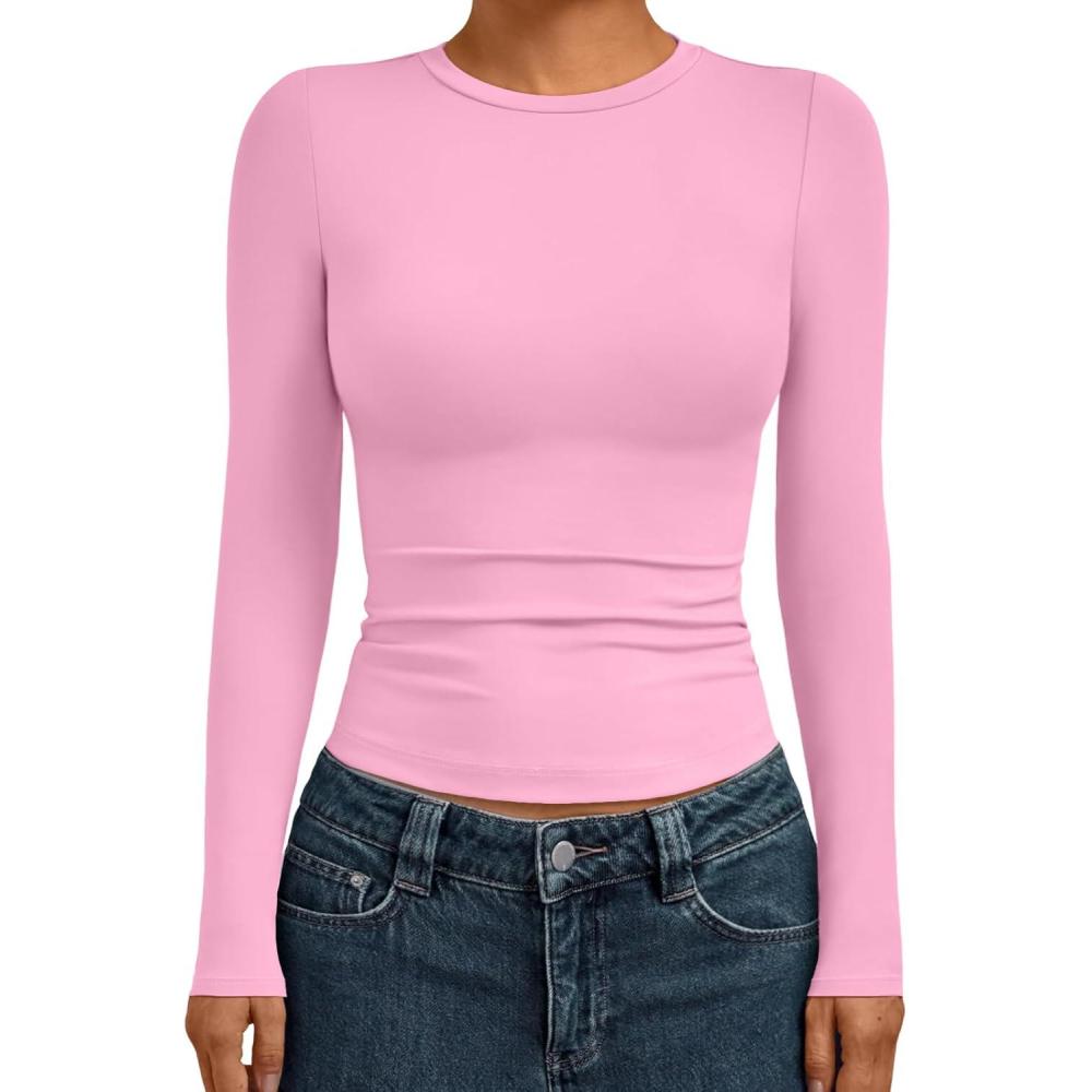 imageAUTOMET Womens Long Sleeve Shirts Basic Compression Going Out Crop Tops Fall Fashion Y2K Clothes 2025Rose Pink