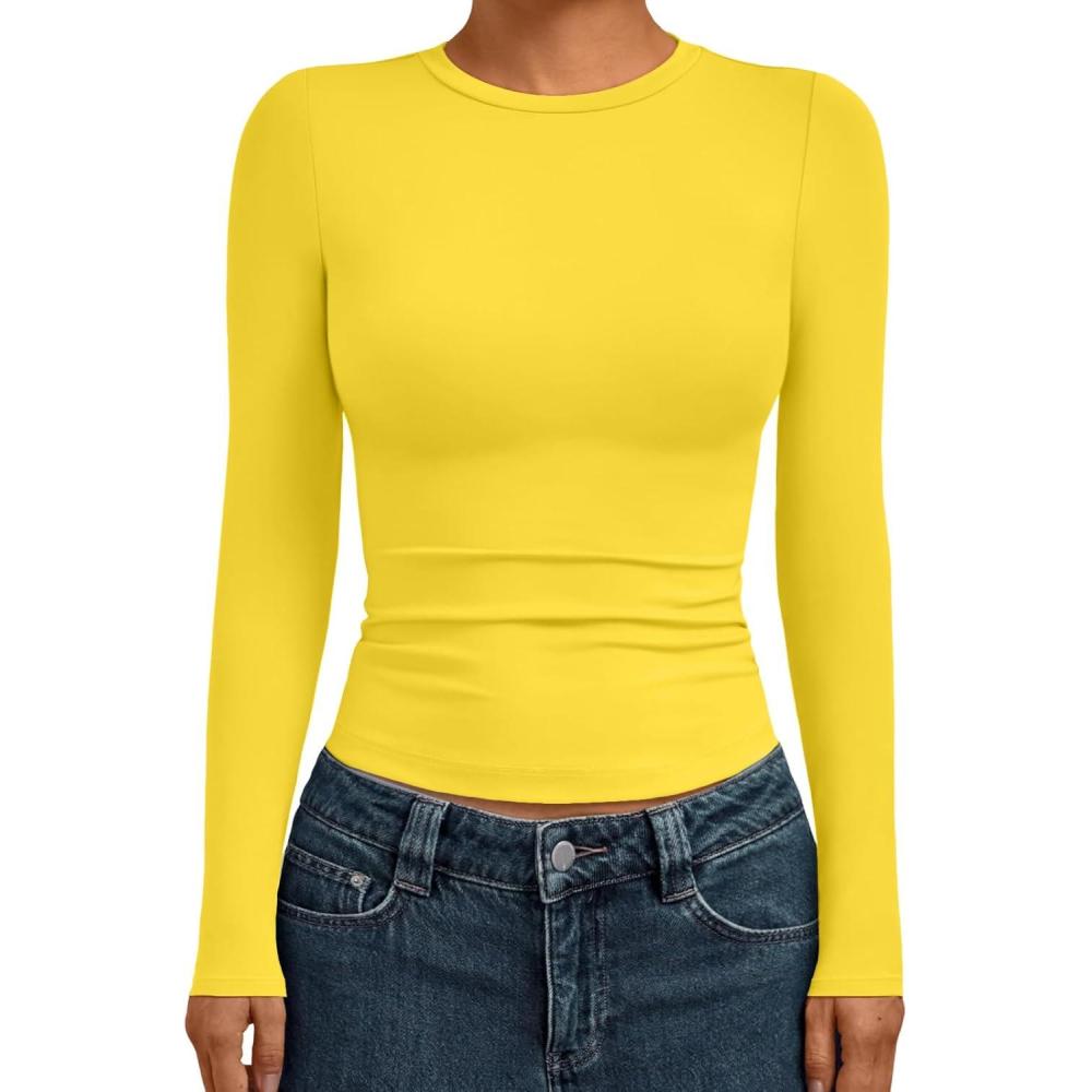 imageAUTOMET Womens Long Sleeve Shirts Basic Compression Going Out Crop Tops Fall Fashion Y2K Clothes 2025Yellow