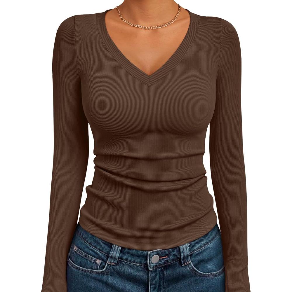imageAUTOMET Womens Long Sleeve Shirts Fall Outfits Fashion Tops V Neck Ribbed Basic Casual Clothes Winter UnderscrubBrown