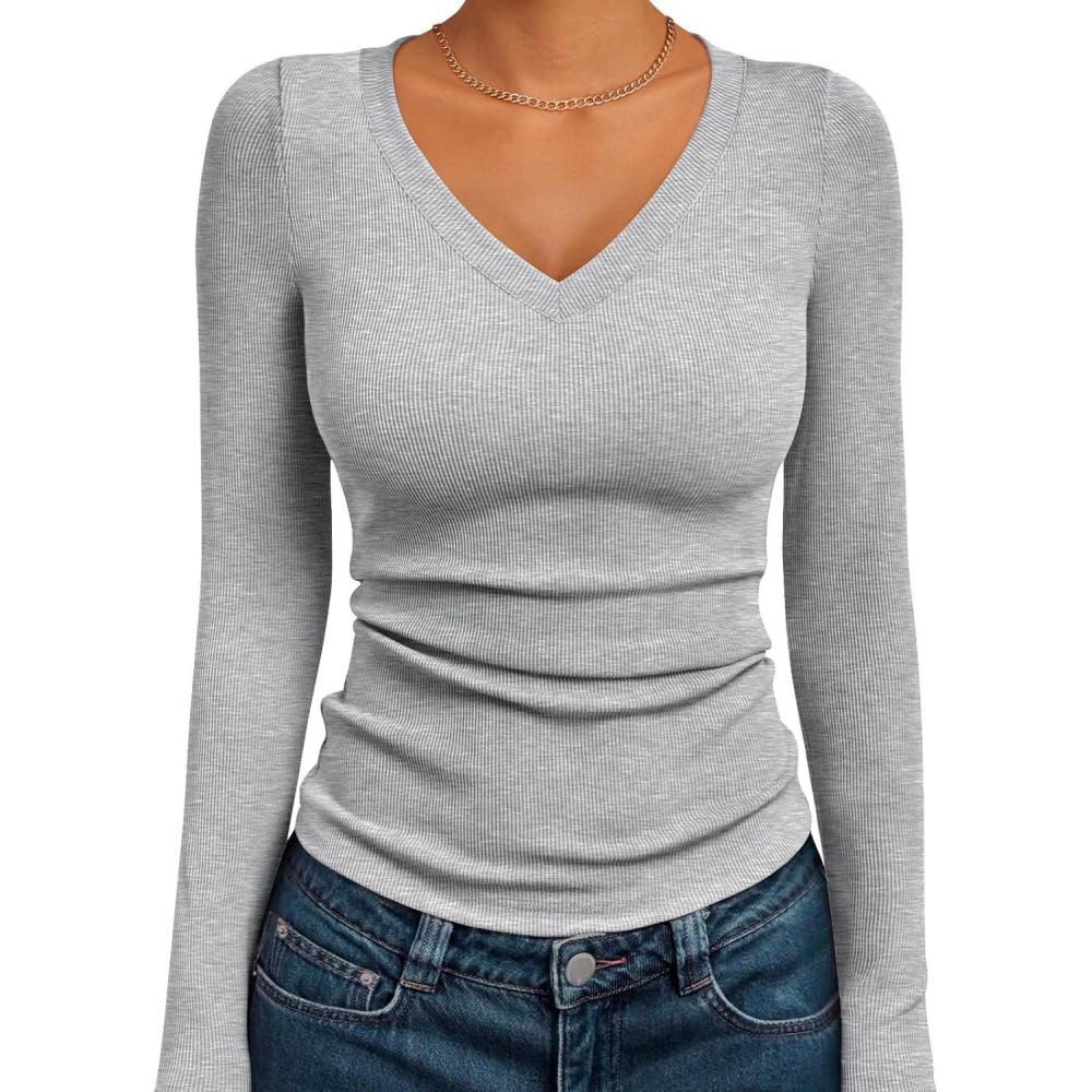 imageAUTOMET Womens Long Sleeve Shirts Fall Outfits Fashion Tops V Neck Ribbed Basic Casual Clothes Winter UnderscrubGrey
