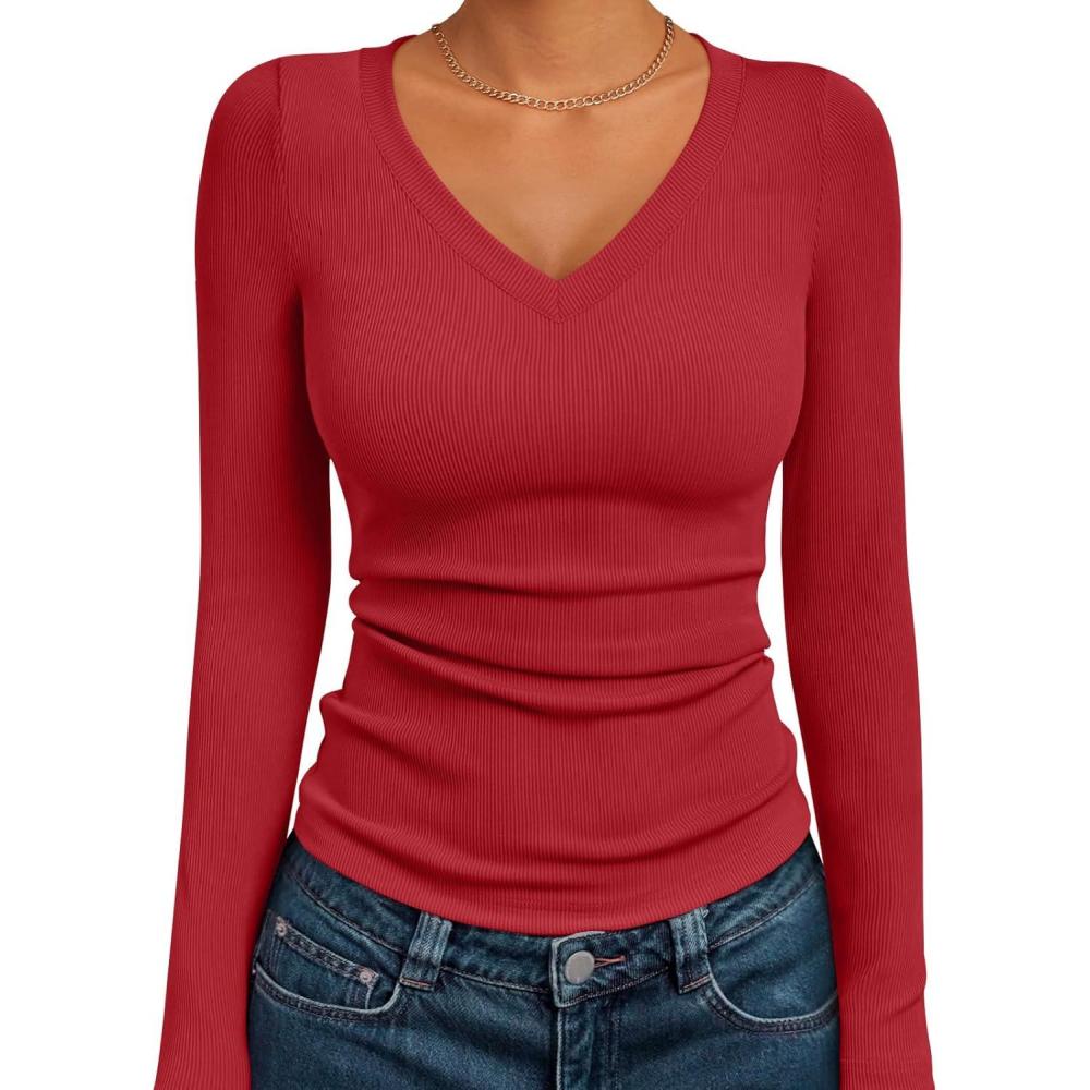 imageAUTOMET Womens Long Sleeve Shirts Fall Outfits Fashion Tops V Neck Ribbed Basic Casual Clothes Winter UnderscrubRed