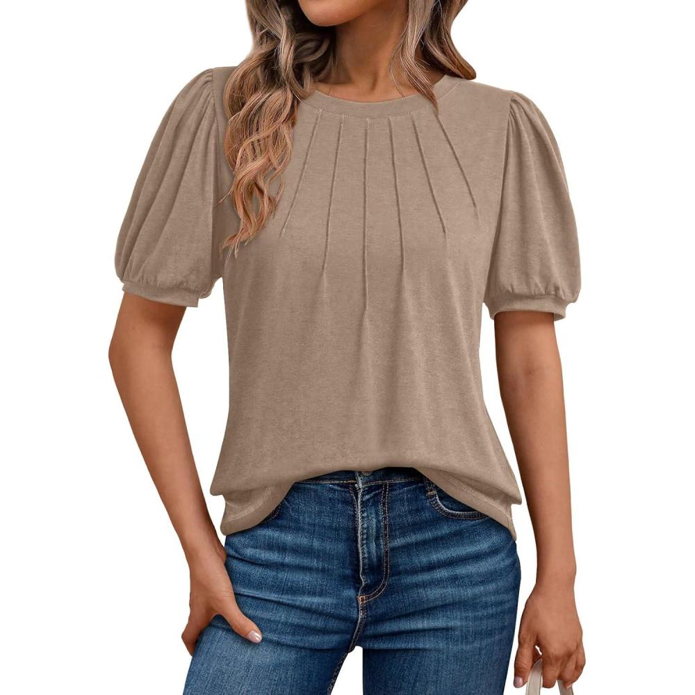 imageAUTOMET Womens Summer Tops Short Sleeve Shirts Business Casual Outfits Puff Dressy Blouses Spring Clothes 2025Khaki