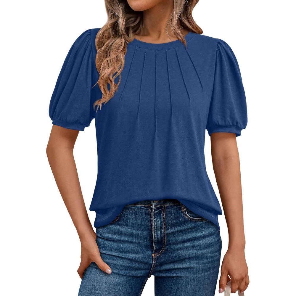 imageAUTOMET Womens Summer Tops Short Sleeve Shirts Business Casual Outfits Puff Dressy Blouses Spring Clothes 2025Navy
