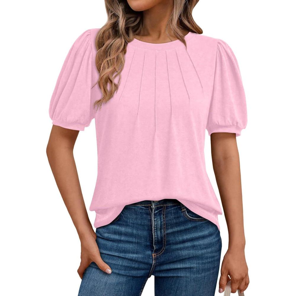 imageAUTOMET Womens Summer Tops Short Sleeve Shirts Business Casual Outfits Puff Dressy Blouses Spring Clothes 2025Pink