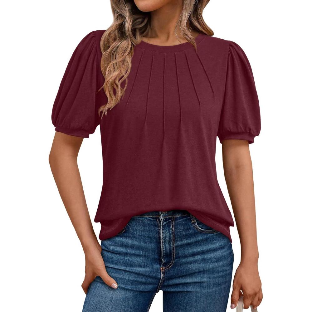 imageAUTOMET Womens Summer Tops Short Sleeve Shirts Business Casual Outfits Puff Dressy Blouses Spring Clothes 2025Winered