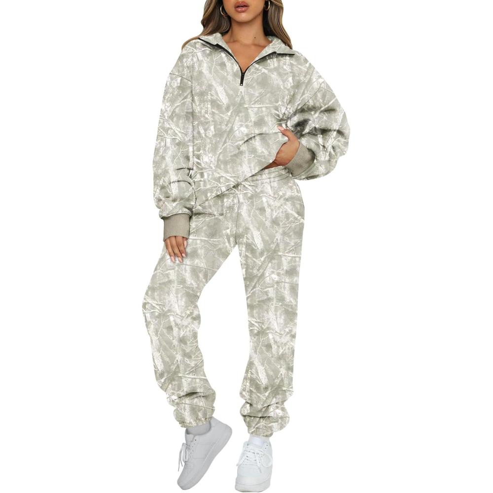 imageAUTOMET Womens Sweatsuits 2 Piece Outfits Lounge Sets Long Sleeve Half Zip Pullover and Baggy Sweatpants with PocketsCamolightgreen