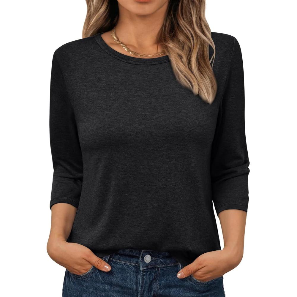 imageAUTOMET Womens Tops 34 Length Long Sleeve Shirts Fall Clothes Business Casual Dressy Blouse Loose Fit Basic Tee TrendyBlack