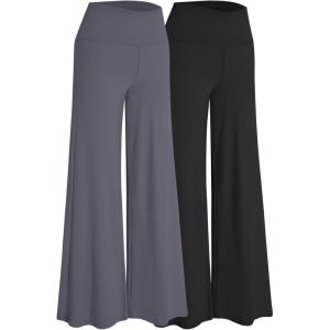 AUTOMET 2 Pack Wide Leg Yoga Palazzo Pants for Women Flowy Dressy Casual Stretchy Lounge Dance Bottoms, DarkGreyBlack, L