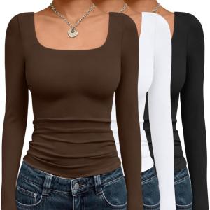 AUTOMET 3 Pack Womens Long Sleeve Shirts Fall Fashion Scoop Neck Crop Tops Basic Layer Slim Fit Y2K Clothes(Black white chocolate Brown)