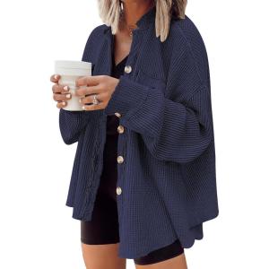 AUTOMET Fall Outfits for Women 2025 Fashion Clothes Winter Waffle Knit Clothing Oversized Button Down Shirt(Navyblue)