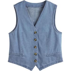 AUTOMET Jean Vest Tops for Women Denim Top Button Down Waistcoat 2025 Fall Sleeveless V Neck Top Outfits Y2k Clothes(Blue)