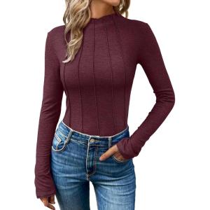 AUTOMET Long Sleeve Shirts Tops Womens Business Casual Work Blouses 2024 Fall Dressy Tunic Mock Neck Turtleneck Trendy Ladies Tee Tshirts Fashion Outfits Cute Clothes Fitted Clothing Wine Red L
