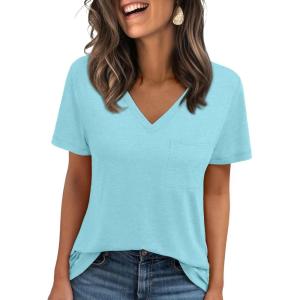 AUTOMET T Shirts for Women Short Sleeve Shirts V Neck Plus Size Summer Tops Casual Beach Vacation Outfits Clothes 2025(Aqua)