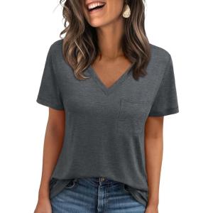 AUTOMET T Shirts for Women Short Sleeve Shirts V Neck Plus Size Summer Tops Casual Beach Vacation Outfits Clothes 2025(Blackgrey)