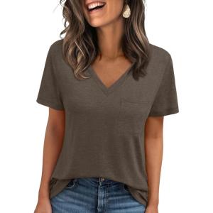 AUTOMET T Shirts for Women Short Sleeve Shirts V Neck Plus Size Summer Tops Casual Beach Vacation Outfits Clothes 2025(Darkcoffee)