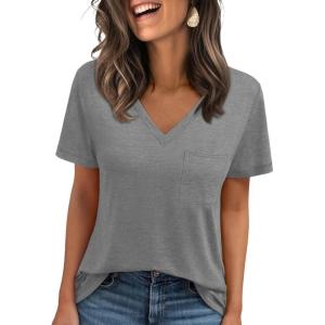 AUTOMET T Shirts for Women Short Sleeve Shirts V Neck Plus Size Summer Tops Casual Beach Vacation Outfits Clothes 2025(Grey)