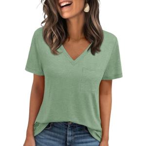 AUTOMET T Shirts for Women Short Sleeve Shirts V Neck Plus Size Summer Tops Casual Beach Vacation Outfits Clothes 2025(Lightgreen)