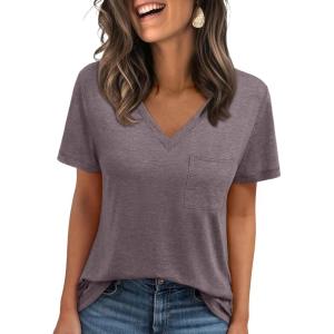 AUTOMET T Shirts for Women Short Sleeve Shirts V Neck Plus Size Summer Tops Casual Beach Vacation Outfits Clothes 2025(Rosetaupe)