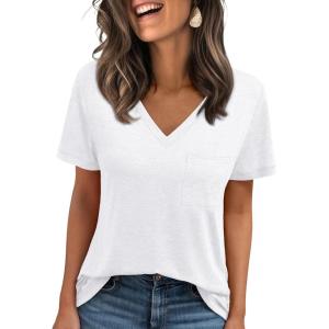 AUTOMET T Shirts for Women Short Sleeve Shirts V Neck Plus Size Summer Tops Casual Beach Vacation Outfits Clothes 2025(White)