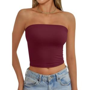 AUTOMET Tube Tops Strapless Crop Tops Basic Backless Sleeveless Bandeau Going Out Cute 2025 Summer Clothes(Burgundy)
