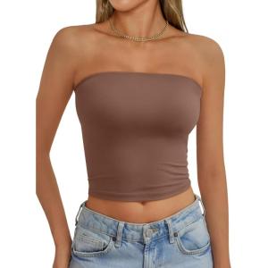 AUTOMET Tube Tops Strapless Crop Tops Basic Backless Sleeveless Bandeau Going Out Cute 2025 Summer Clothes(Coffee)